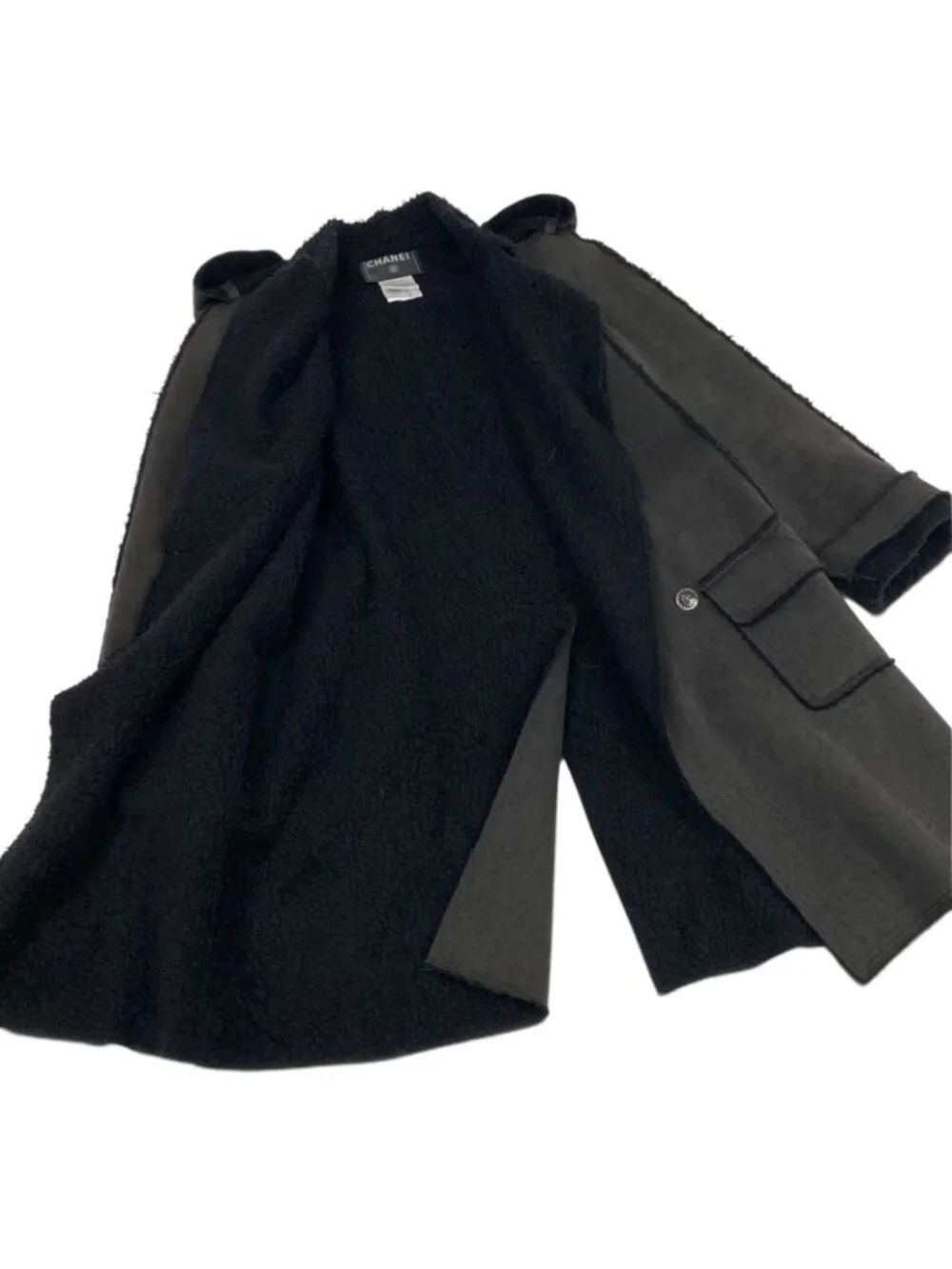 Chanel 06A Coco Buttons Cutoff Trench Coat Frayed Edge Dark Gray 38